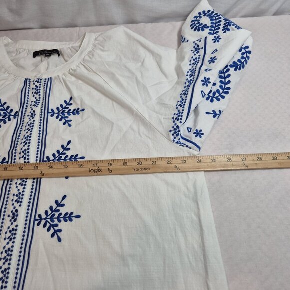 Calessa Women's Top Size XL White Blue Embroidered Crew Neck 3/4 Sleeve Tunic 27 - Picture 11 of 13